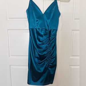 Honey and Rosie Teal Ruched Mini Dress